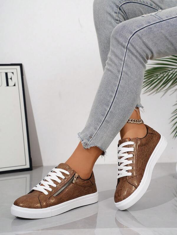 Nuevos tenis casuales para mujer, con cordones y cremallera lateral, zapatos planos versátiles y cómodos para uso casual al aire libre