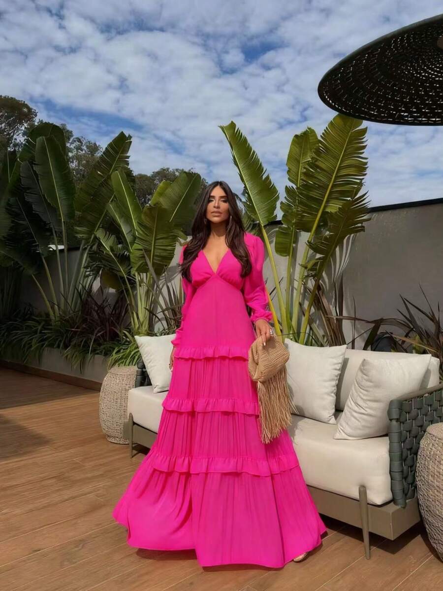 Women's Long Chiffon Dress With Long Sleeves, V-Neck, Ruffled Hem And Lining - 玫紅色 - 查看 1