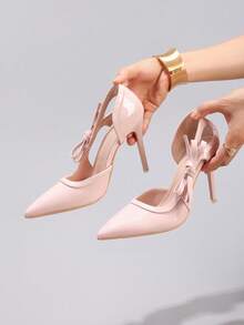 Giày cao gót nơ thời trang, giày cao gót dự tiệc mũi nhọn gợi cảm, giày cao gót khoét lỗ siêu cao, da bóng màu hồng, thanh lịch - Hồng - Xem 5
