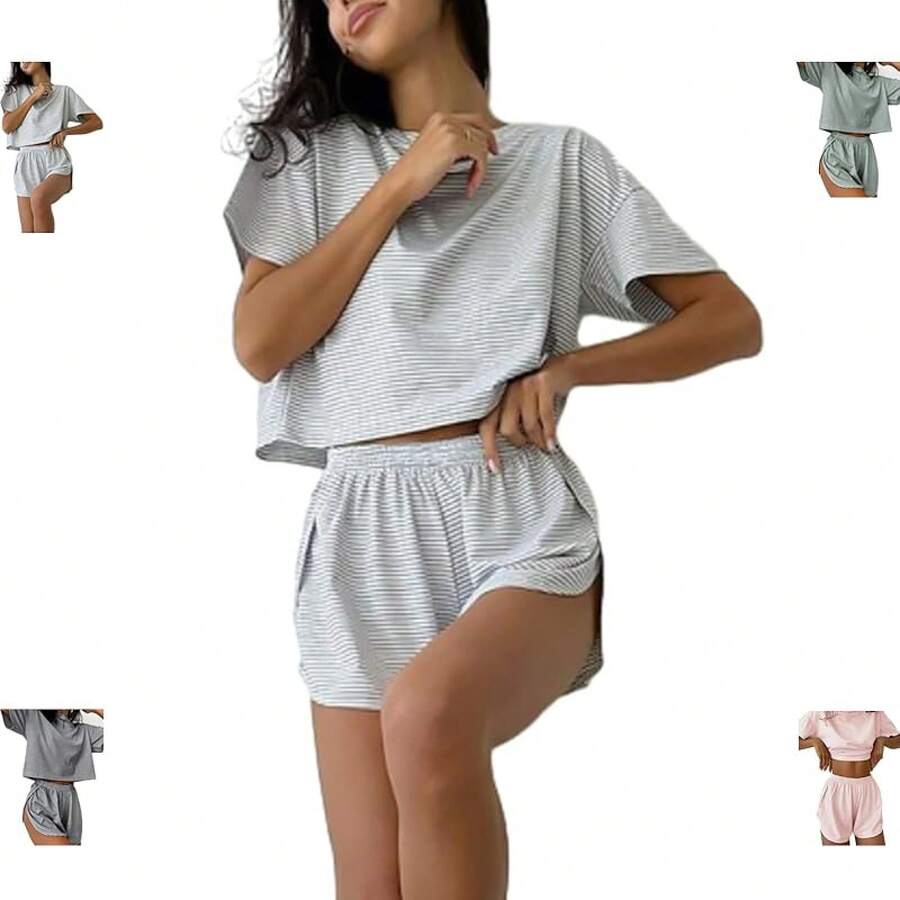 Split Short Pajama Set, Womens Striped Pajamas Set,Two Piece Set Striped Print Drop Shoulder Tee Wrap Split Shortshalloween - 灰色的 - 查看 1