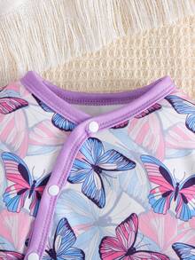 女婴休闲可爱卡通大象和蝴蝶结印花连脚睡衣，长袖连体衣，春秋季 - 淡紫色 - 查看 3