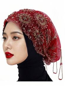 1 pieza Pañuelo de cabeza de mujer de unicolor de alta calidad, nuevo pañuelo de moda musulmana con borlas de cuentas hechas a mano