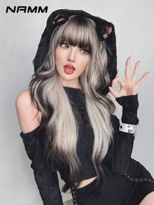 NAMM 30 英寸灰色渐变黑色长波浪假发，女士宽松长波浪假发，华丽蓬松合成假发，刘海自然外观，非常柔软合成耐热纤维头发，漂亮的全机发假发适合时尚女孩日常、动漫或服装角色扮演装饰、音乐节舞会街头穿着使用（渐变灰黑色） - 漸層 - 查看 5