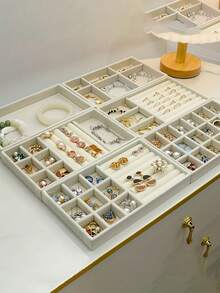 1/8 Beige Desktop Jewelry Display Storage Box Elegant Stackable Velvet Jewelry Tray Storage Box - Christmas Gift For Family And Friends Portable Multi-Purpose Storage Box For Rings, Earrings And Necklaces - Beige - View 5