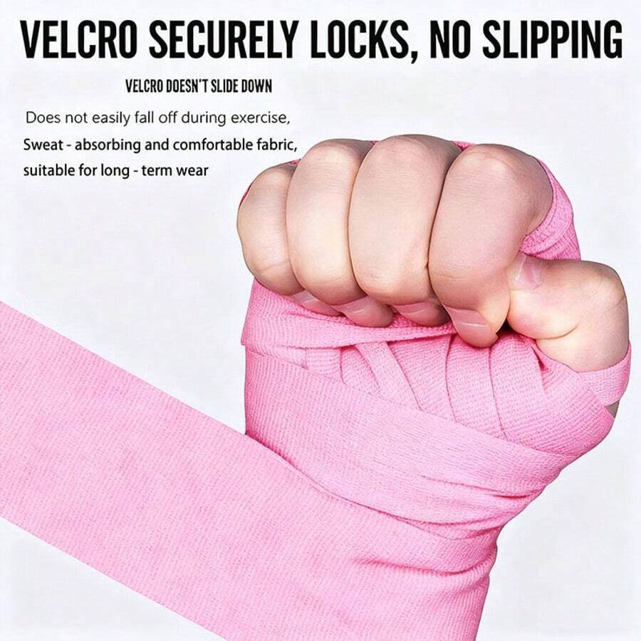 一对粉色泰拳、散打和拳击绷带。它们是吸汗的运动护腕带，可以保护双手。长度为3米，适合运动、健身和日常训练。 - 粉色 - 查看 1