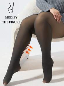 1 PC Plus Size Warm Fleece-Lined Thick Fake Sheer Base Layer Leggings (Tights) - Autumn & Winter Thermal Tight Pants, Stretchy Non-Tight, Fits Body Curves, Warm & Stylish For Outfits - 奶昔 - 查看 3