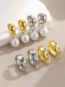 Set di 4 orecchini a perno in lega di rame di stile retrò francese minimalista, con zirconia cubica colorata e perle finte a forma di stella, design di lusso alla moda, adatto per uso quotidiano e per occasioni festive delle donne