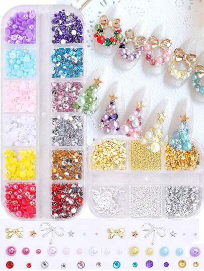 1/2件圣诞主题彩色水钻珍珠合金美甲装饰套装，包含丝带蝴蝶结星星美甲饰品，适合DIY圣诞树花环设计、节日美甲配件、美甲用品