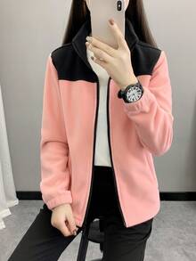 女士户外抓绒外套，立领，修身，加厚，保暖，适合徒步、运动、秋冬季、滑雪 - 粉色 - 查看 5