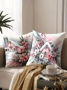 4 pièces/1 pièce Housses de coussin de Noël roses - Village enneigé, sapin de Noël et motif floral, housses de coussin de fête, 18x18 pouces | Fermeture éclair | Matériau en polyester brillant | Convient pour le salon, la décoration de la chambre, le canapé et la chambre à coucher (insert de coussin non inclus) Parfait pour la décoration de Noël, la fête de Noël, la décoration de la chambre, la décoration de la maison - Rose bonbon - Voir 4