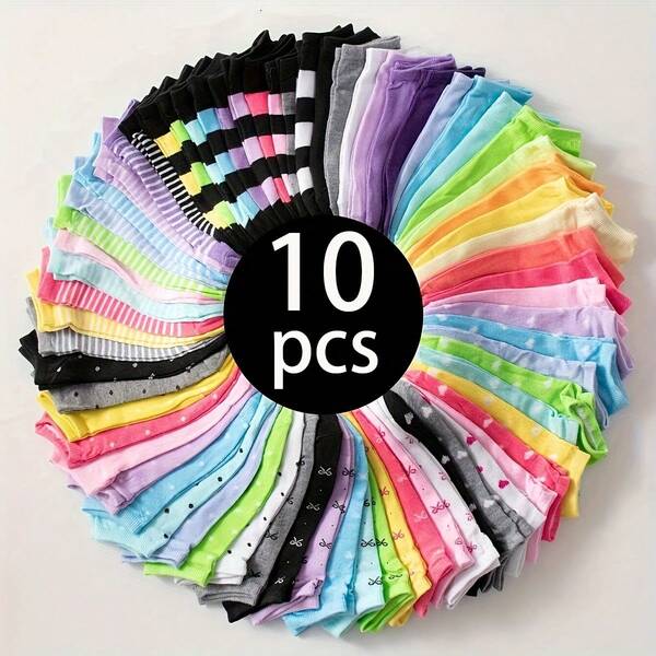 1/10/20 paia di calzini corti da donna, multicolore, a righe piatte, a pois ondulati, con fiocco, a forma di cuore, carini, traspiranti, adatti per uso quotidiano, semplici e alla moda, versatili