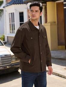 Men's Corduroy Shacket With 4 Pockets (Chest & Side Slant) Button Down Work Jackets Casual Long Sleeve Shirt Jackethalloween - 咖啡-1 - 查看 3