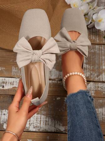 Damvävda Mary Jane-skor, eleganta och söta rosettdekorerade platta skor, andningsbara stickade ballerinaskor med fyrkantig tå