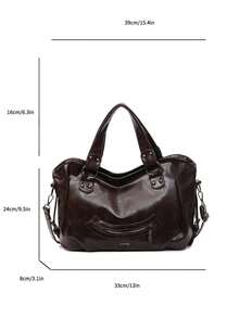 1 Túi xách tay cổ điển dung tích lớn, Túi đeo vai PU cổ điển, Túi tote thường ngày cho nữ và Ví - Cà phê nâu - Xem 2