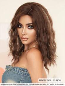 7JHH WIGS 18 英寸中长棕色金色挑染卷发假发，女士齐肩波浪假发，侧分刘海，天然合成耐热纤维假发，适合女孩日常派对使用 - 挑染金色 - 查看 4