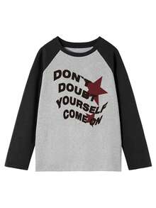 女士春秋新款休闲圆领棉质拼布印花长袖T恤 - 深花灰 - 查看 6