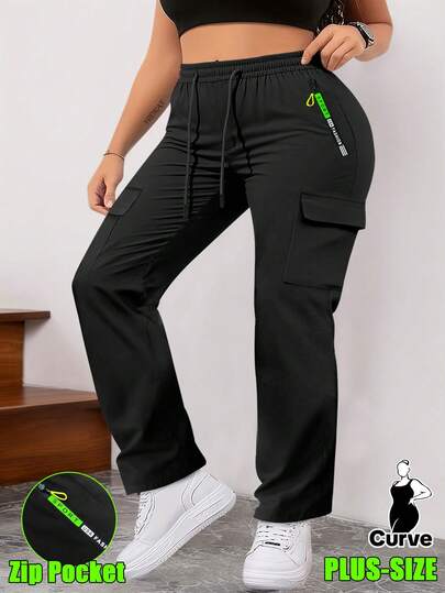 Pantalones cargo deportivos ligeros para mujer talla grande, aptos para primavera/otoño, con estampado de letras, bolsillos con cremallera verdes, diseño de bolsillos grandes con cordón y cintura elástica, adecuados para uso diario y deportes al aire libre