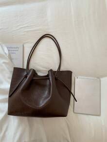 高端简约风格纯色女士手提包，新款秋冬咖啡色时尚百搭单肩包，带内袋，可调节肩带组合包，方便大学生日常购物的大容量手提包 - 咖啡棕 - 查看 8