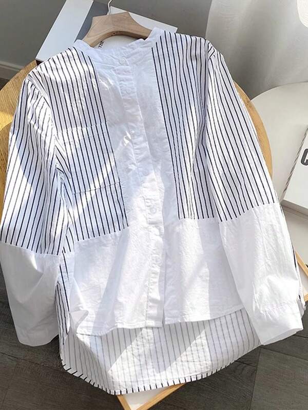 Fall Women's , Elegant French-Style Long-Sleeved Business Casual Women's Shirt, Stylish Early Autumn Top With Elegant Striped Stand-Up Collar And Color-Block Design, School Season Teacher's For Women, Suitable For Women With Old Money Style,Business Casual Women's Blouse, Women's Halloween Costumes