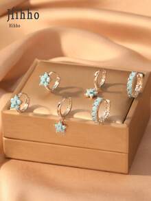 Hihho 6 件简约奢华方晶锆石镶嵌花朵吊坠耳环套装，优雅珠宝礼物 - 藍松石 - 查看 5