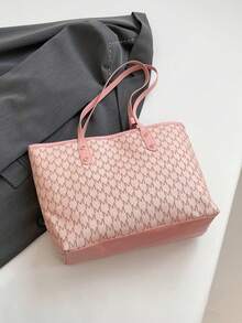 复古字母印花单肩手提包，大容量单肩包，腋下包，通勤必备，母亲节礼物 - 粉色 - 查看 5