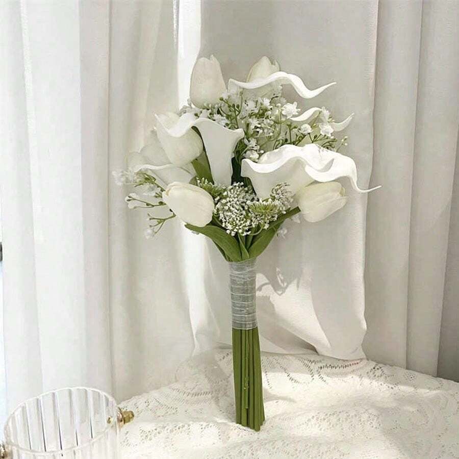 باقة العروس، باقة وصيفات العروس من الزنبق الحقيقي الاصطناعي، باقة عروس الزفاف، ديكور زهري، إكسسوارات تصوير الزفاف - أبيض - مشاهدة 1