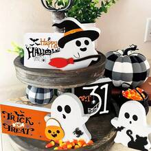 1 Set Cute Ghost Halloween Decorations, Wooden Tiered Tray Decor Set, 3pcs Black Cat, Bat, Broom Plates, Pumpkin Blocks, Suitable For Party, Home Display Shelf Decor