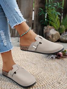 حذاء بيركنستوك مريح وغير قابل للانزلاق للنساء، سميك الوحدة، بتصميم مول مع إبزيم زخرفي، لون أحادي من الجلد المدبوغ الصناعي، صندل مسطح متعدد الاستخدامات للشاطئ والمنزل