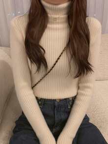 Áo len dài tay cổ lọ màu trơn đơn giản dành cho nữ, mùa thu/đông - Màu be - Xem 4