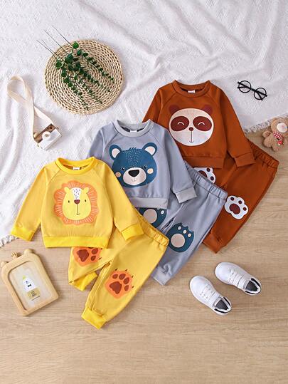 6件套婴儿休闲狮子和熊印花运动衫和运动裤户外套装，秋冬