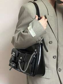 2025新款女士纯色单肩包，纯色大容量多口袋复古Y2K长款单肩包，可腋下携带，嬉皮时尚单肩包，适合酷女孩手提包和钱包 - 黑色 - 查看 4