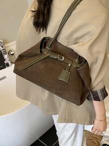 复古绒面革大容量休闲单肩托特包，拼布拼色手提包，优雅百搭通勤托特包，适合女士 - 墨綠色 - 查看 5