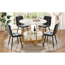 Dining Table Set (5 Pieces), Dining Table Set With 4 Chairs, Modern Dining Table Set For Kitchen, 80cm Diameter Round Kitchen Table With Gold Metal Legs, Marbled MDF Top, Grey Dining Chairs - 1 - View 2