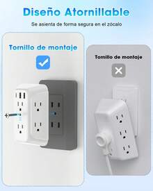 RENDIN Multicontacto,Enchufe de Carga de Tres Lados,Regleta Multicontacto Multifuncional,con USB y Tipo-C, para Hogar, Viajes, Oficina - 2 piezas - Ver 4
