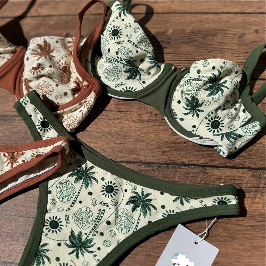 Printed Bikini Set, Summer Beachwear - Green - View 1