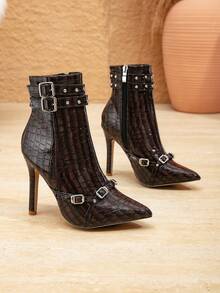 女士新款鳄鱼纹压花踝靴，时尚百搭尖头细高跟铆钉靴，巧克力棕色，适合万圣节、圣诞节、感恩节、新年、秋冬季等场合穿着。 - 巧克力棕 - 查看 7