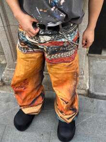 American Retro Washed 3D Printed Color Waistband Jeans For Men, Niche And Versatile, Loose And Wide Leg Straight Leg Pants