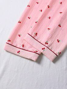 3pcs Bubble Crinkle Cherry Print Women Pajama Set - Short Sleeve Button Collar Top And Shorts + Long Pants - Hồng - Xem 3