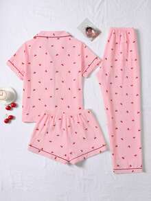 3pcs Bubble Crinkle Cherry Print Women Pajama Set - Short Sleeve Button Collar Top And Shorts + Long Pants - Hồng - Xem 2