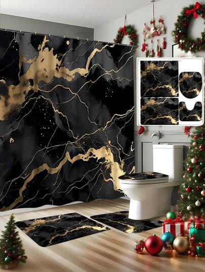 Cortina de chuveiro de mármore preto e dourado, 1/4 peças, cortinas de chuveiro abstratas modernas para decoração de banheiro, conjunto de cortinas de banho masculinas, decoração de Natal
