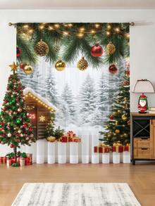 1pc Christmas Gift Christmas Snowman, Reindeer, Christmas Tree Atmosphere Decorative Sheer Curtain, Translucent But Not See-Through Window Voile Curtain, Suitable For Living Room And Bedroom, Door Curtain, Kitchen Curtain, Noise Reduction, Christmas Decorative Rod Pocket Sheer Curtain (100g Fabric Weight)