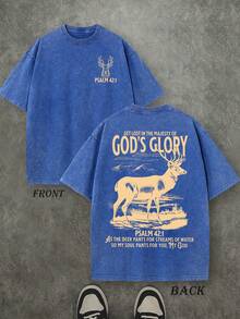 God's Glory Christian Washed Shirt, 'PSALM 42:1' Christian Scripture T-Shirt, Vintage Retro Washed Shirt Double Sided Printed (230 Heavyweight Pure Cotton T-Shirt)  High Quality Christian T-Shirt, Christian Gifts, Men's And Women's Shirts, Comfortable, Fashion Christian Shirt, Street Style Pure Cotton Fall Shirt - 寶藍色 - 查看 1