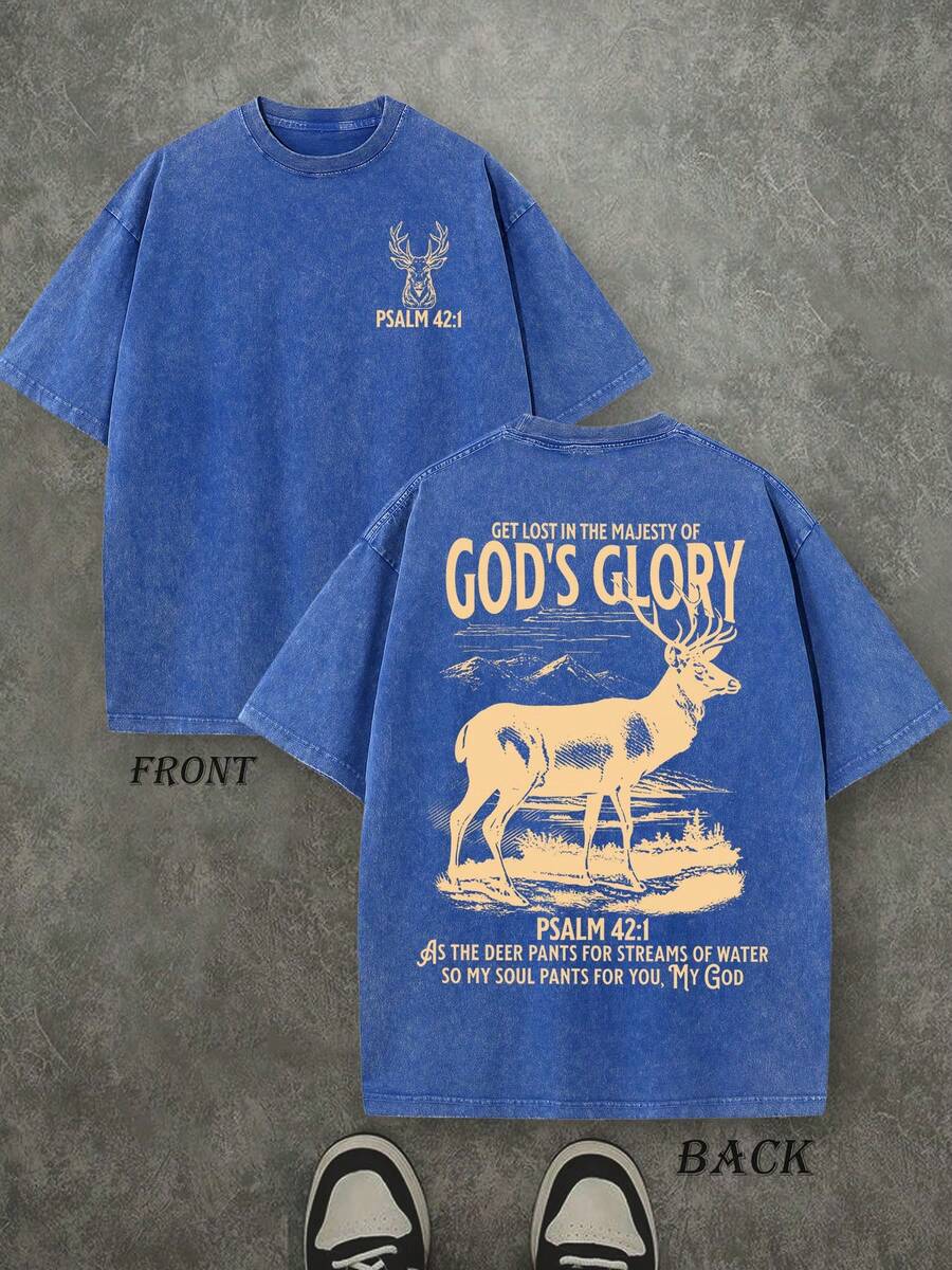 God's Glory Christian Washed Shirt, 'PSALM 42:1' Christian Scripture T-Shirt, Vintage Retro Washed Shirt Double Sided Printed (230 Heavyweight Pure Cotton T-Shirt)  High Quality Christian T-Shirt, Christian Gifts, Men's And Women's Shirts, Comfortable, Fashion Christian Shirt, Street Style Pure Cotton Fall Shirt - 寶藍色 - 查看 1