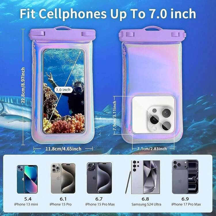 Funda Impermeable Flotante para Teléfono para 17 16 Pro/15/14/13/12, Bolsa Seca para Celular IP68 para Viajes, Bolsas Esenciales para Playa y Crucero con Correa Cruzada, Púrpura Iridiscente -″ - A09-Púrpura iridiscente y negro - Añade 10