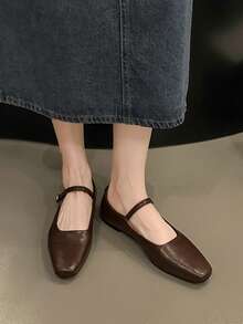 春秋新款方头玛丽珍平底鞋，法式风格，防滑软底休闲女鞋 - 棕色 - 查看 5