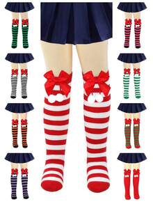 1 par de calcetines largos a la rodilla con rayas, pompones y moños para niñas y adolescentes en Navidad