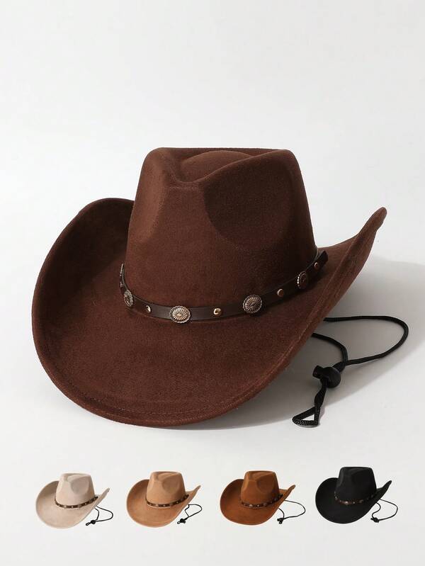 1pc Unisex Rivet Decorated High Quality Windproof Rope Wide Brim Hat, European & American Style Western Cowboy Hat, Fashionable Minimalist Fedora, Suitable For Daily Wear, Parties, Western Themed Events, Gatherings, Cosplay, Graduation Ceremonies, Masquerade Balls, Festivals, Birthday Celebrations, Concerts