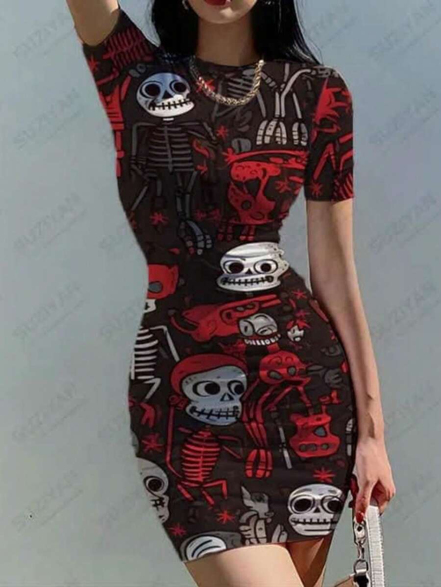 Vestido corto ajustado para dama unitalla 32 34 con estampado de calaveras coloridas y catrina floral ideal para Día de Muertos y Halloween, manga corta, mini vestido cómodo y femenino, prenda ligera de una sola pieza que estira ligeramente, no se transparenta, no se despinta al lavar, perfecto para fiesta temática, disfraces, reuniones, salidas nocturnas o uso casual, diseño llamativo que realza la silueta y combina con accesorios para un look único y original - Diablitos - Ver 1