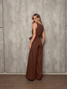 Elegant Linen Pantaloon Jumpsuit With Wide Legs And Discreet Pockets. TAILORED OVERALL WITH POCKET AND BELT. - Rust Brown - View 2