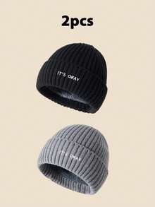 1pc Unisex "IT's OKAY" Embroidered Solid Color Knit Beanie, Men's Winter Thermal Lined Warm Cuffed Hat, Soft & Comfortable, Minimalist & Fashionable, Suitable For Cold Weather Winter Clothing - A - View 13